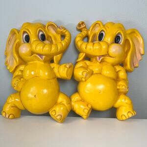 Vintage 1973 Homco Bright Yellow Whimsical Wall Elephants Model #285 Nursery